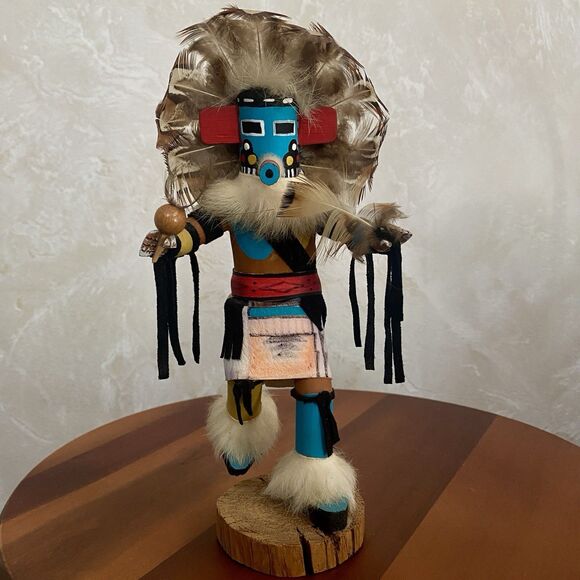 Hopi Kachina Doll Early Morning Singer Signed Fur Accents Feather Headdress - Picture 1 of 15